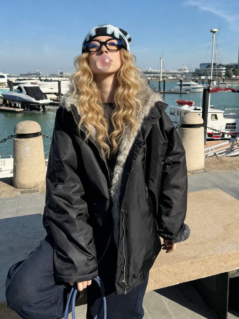 NURO Two-Way Large Faux Fur Collar Jacket, Ultra Thick Warm Color Block Hem Mid-Long Coat, Non-Detachable High Neck Oversized Streetwear Parka