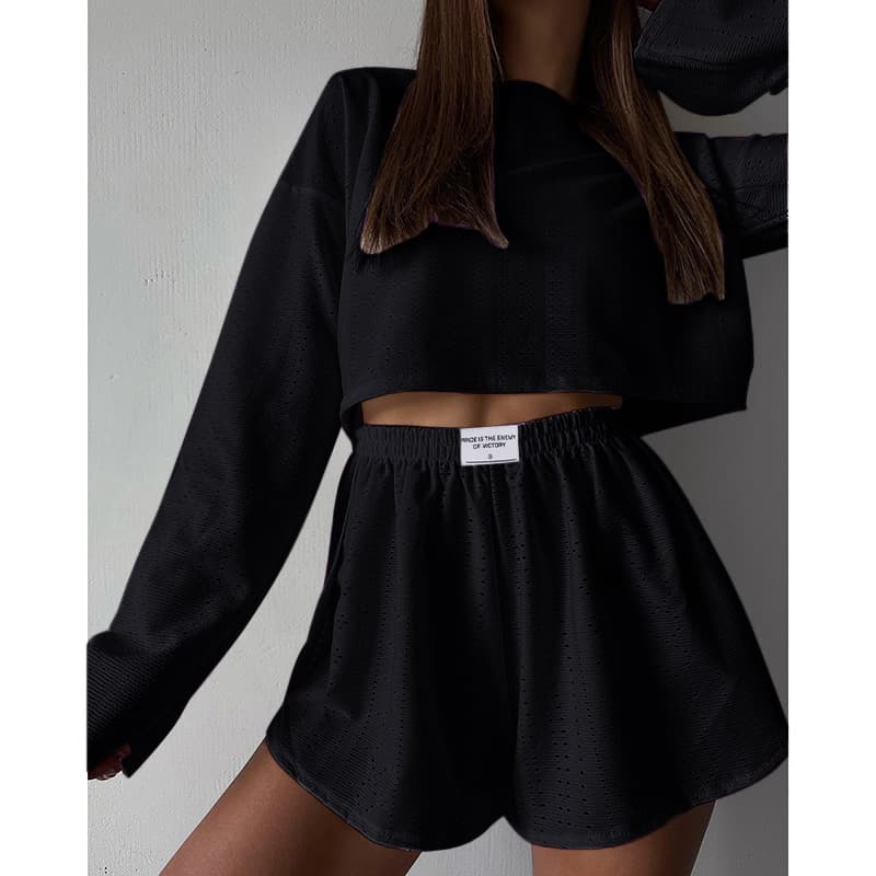 NURO Two Piece Outfit Long Sleeve Top and Shorts Set Casual Lounge Set