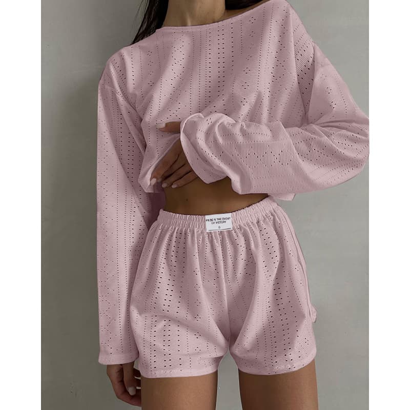 NURO Two Piece Outfit Long Sleeve Top and Shorts Set Casual Lounge Set
