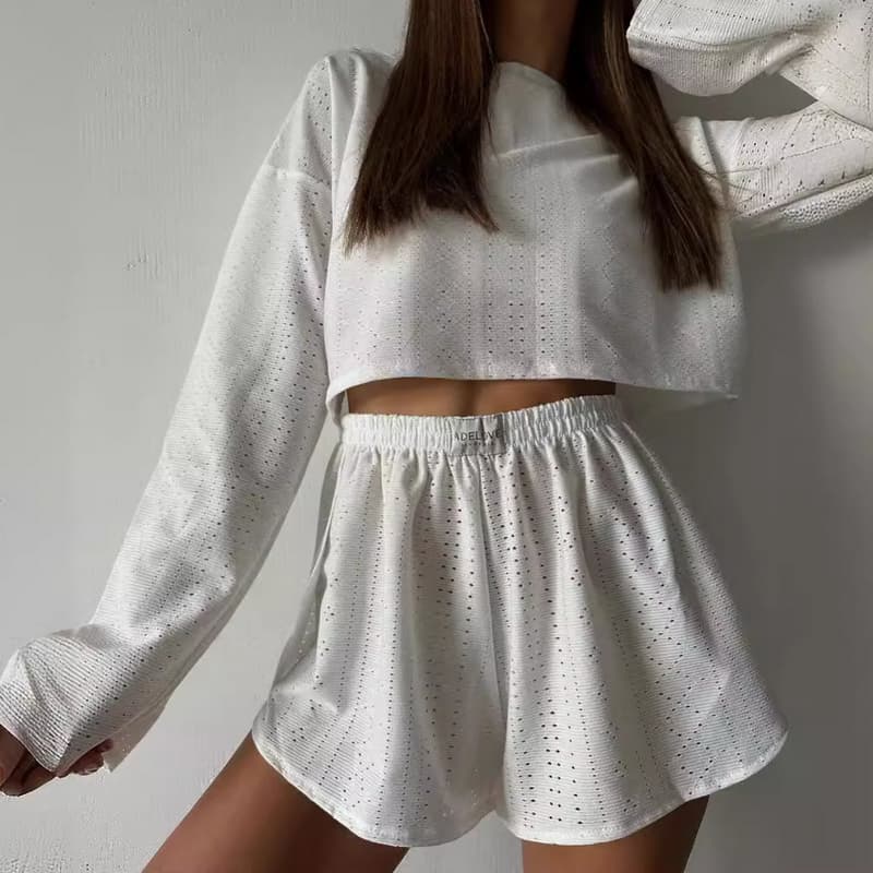 NURO Two Piece Outfit Long Sleeve Top and Shorts Set Casual Lounge Set