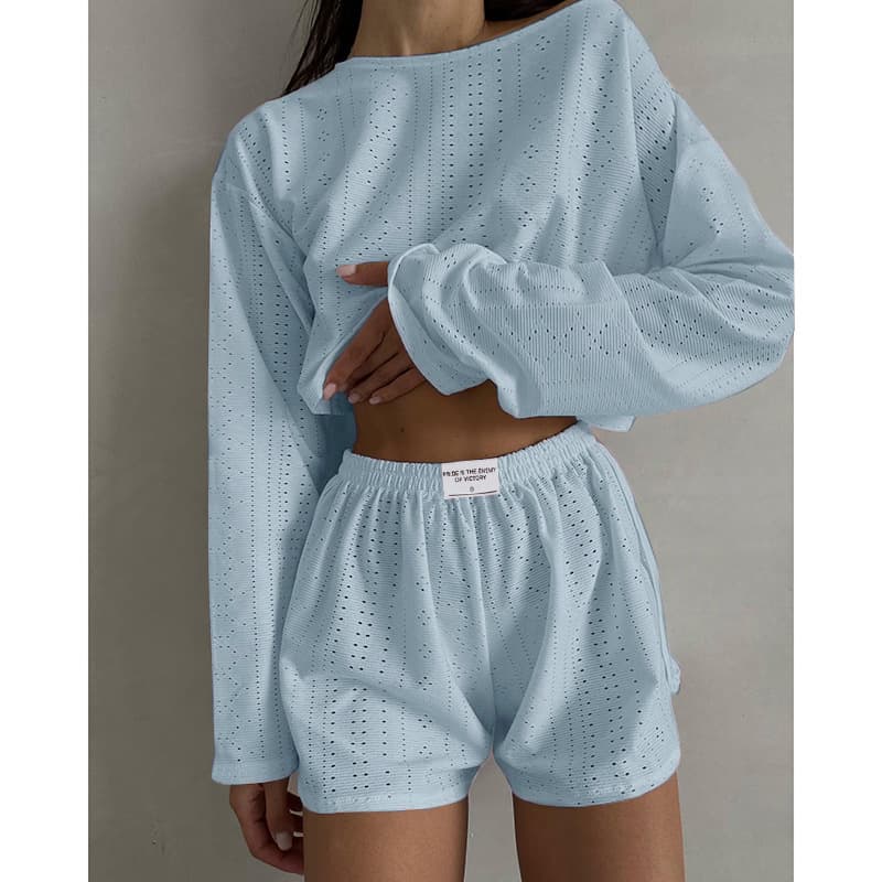 NURO Two Piece Outfit Long Sleeve Top and Shorts Set Casual Lounge Set