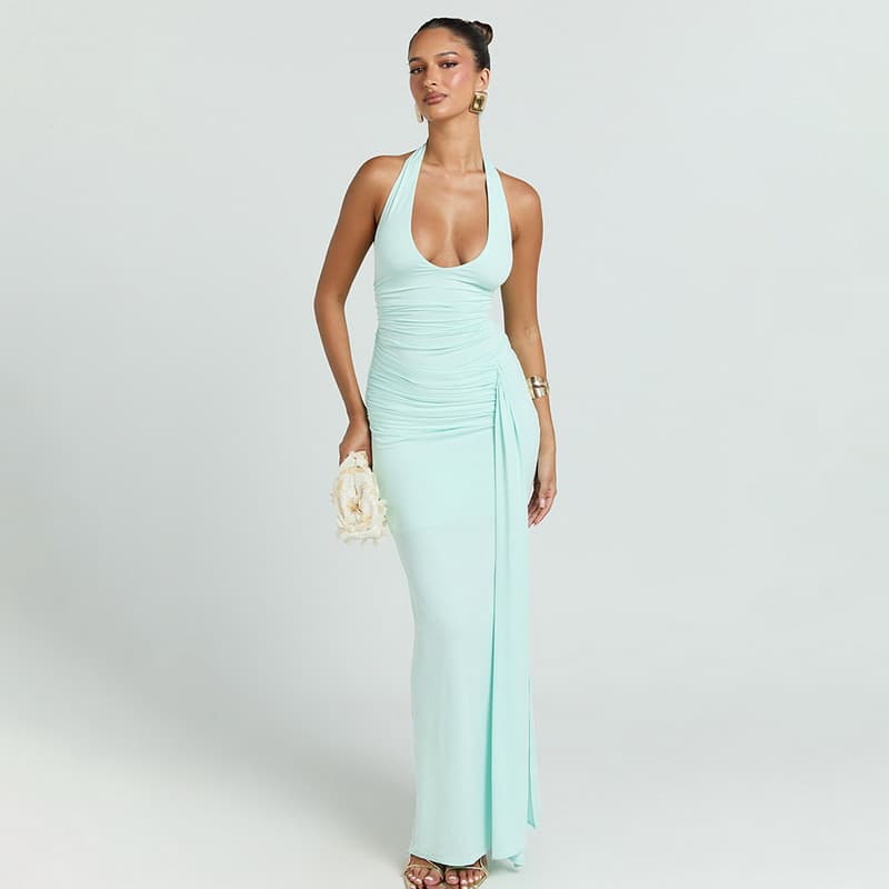 NURO U-Neck Bodycon Maxi Dress High Waist Tie Detail Long Dress
