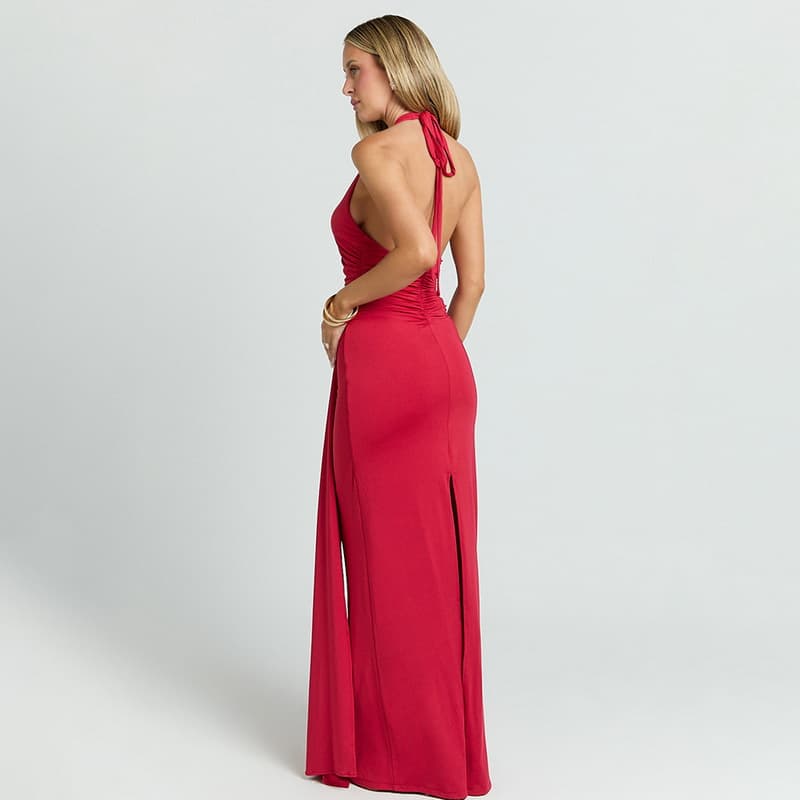 NURO U-Neck Bodycon Maxi Dress High Waist Tie Detail Long Dress