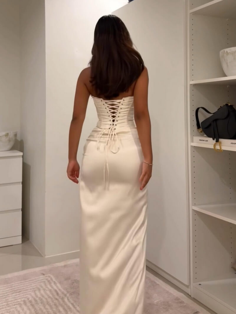 NURO U Neck Twist Detail Midi Dress Women's Elegant High Slit Party Gown