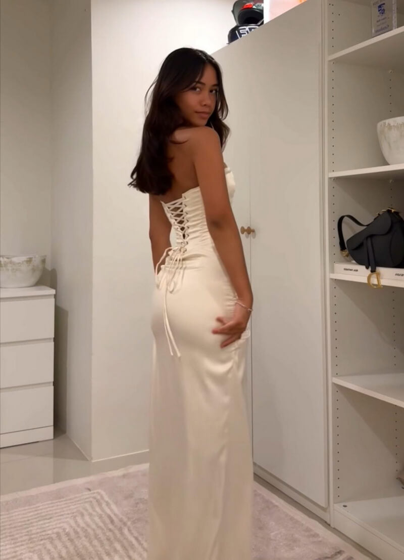 NURO U Neck Twist Detail Midi Dress Women's Elegant High Slit Party Gown