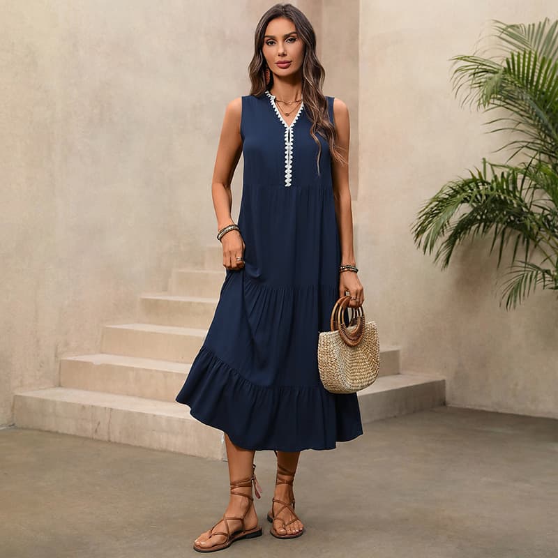 NURO V-Neck A-Line Midi Dress Sleeveless Casual Swing Dress