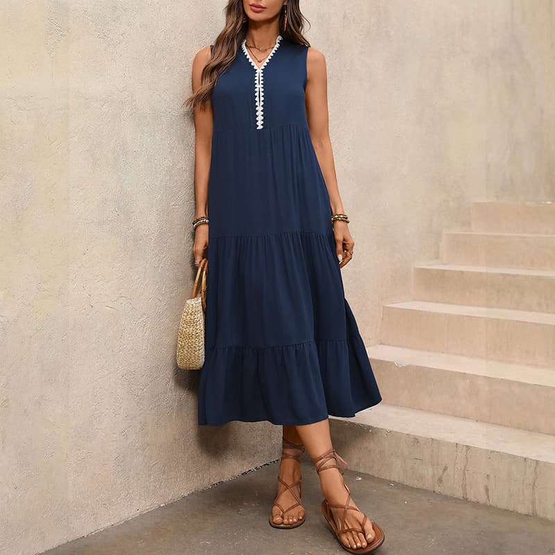 NURO V-Neck A-Line Midi Dress Sleeveless Casual Swing Dress