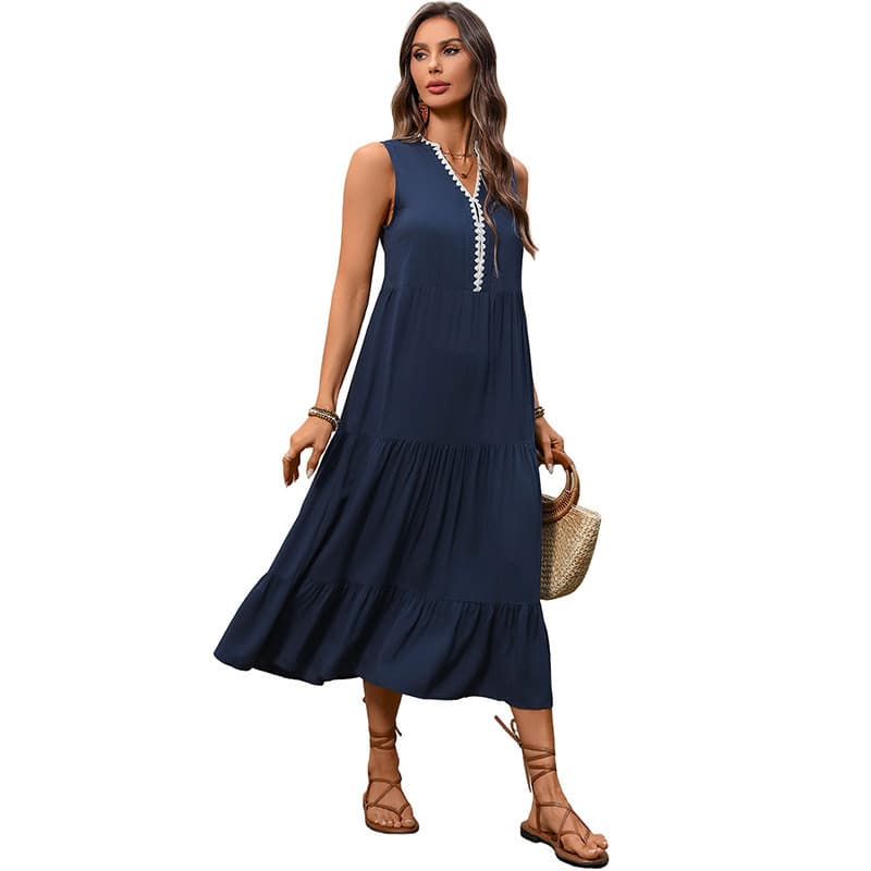 NURO V-Neck A-Line Midi Dress Sleeveless Casual Swing Dress