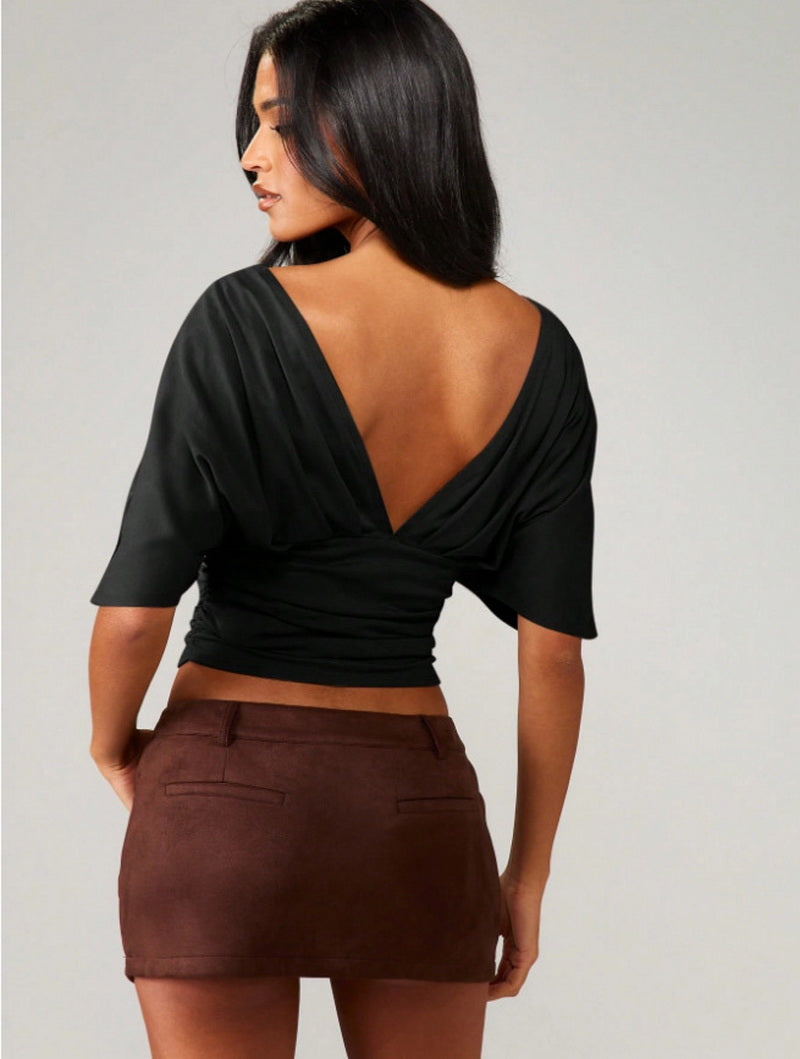 NURO V-Neck Cropped Top Short Sleeve Ruched Blouse