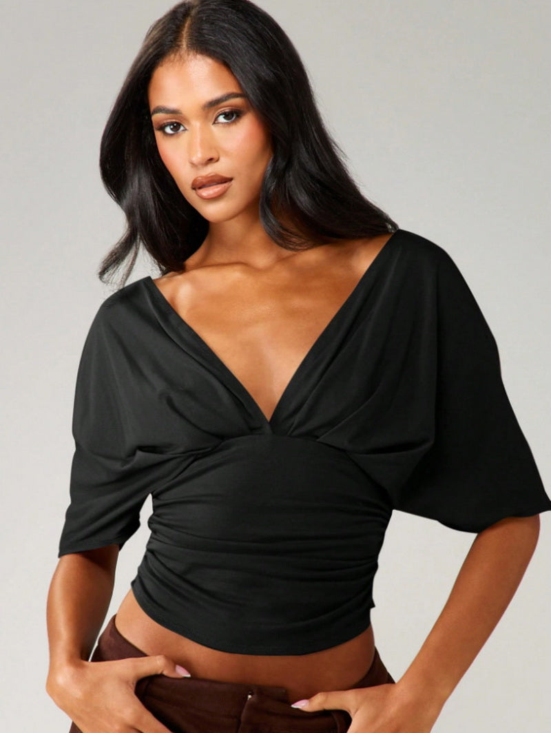 NURO V-Neck Cropped Top Short Sleeve Ruched Blouse
