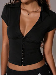 NURO V-Neck Cropped Top Short Sleeve Tie Front Blouse