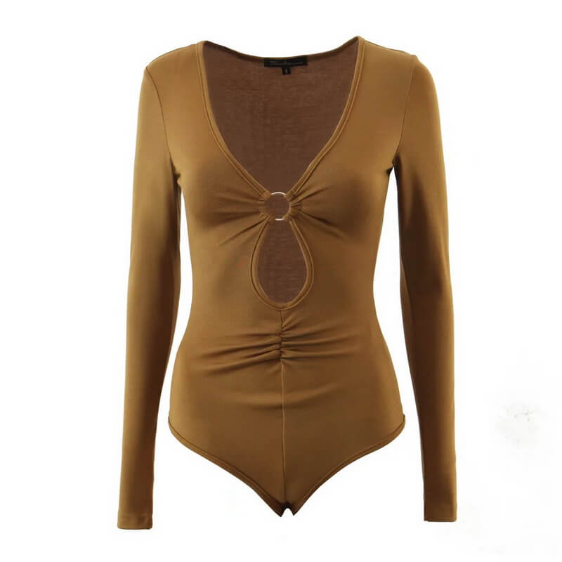 NURO V-Neck Long Sleeve Bodycon Top for Women - Sexy Hollow Out Design