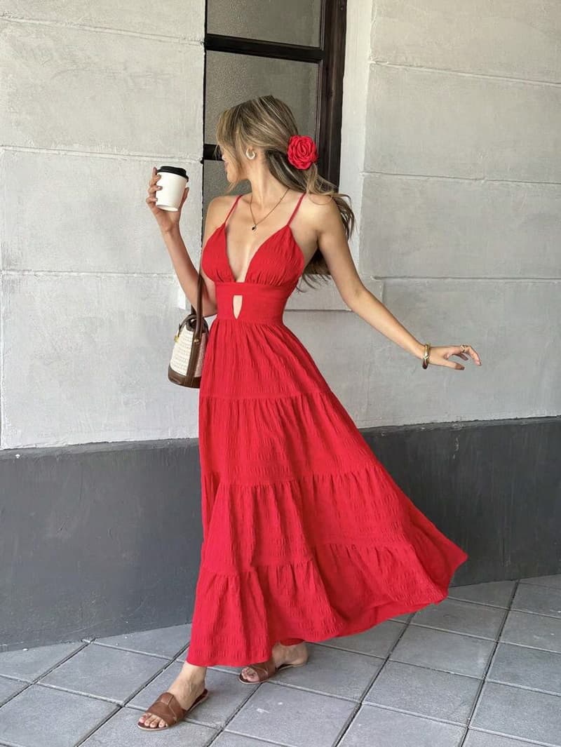 NURO V-Neck Maxi Dress Spaghetti Strap Backless Bodycon Dress