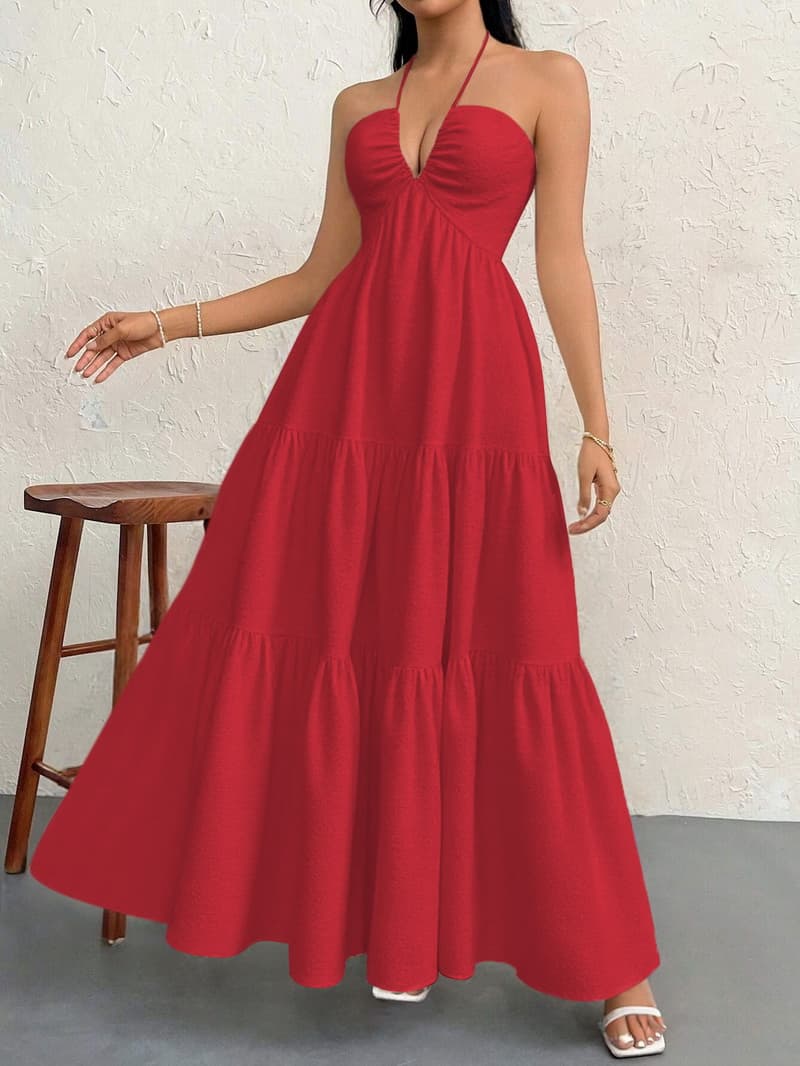 NURO V-Neck Maxi Dress Spaghetti Strap Lace Trim A-Line Dress