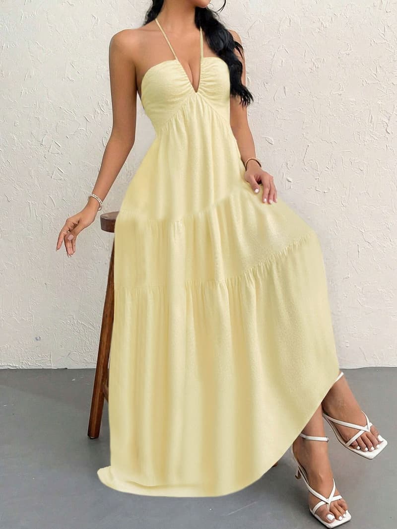 NURO V-Neck Maxi Dress Spaghetti Strap Lace Trim A-Line Dress