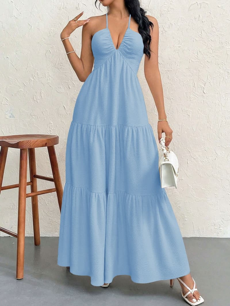 NURO V-Neck Maxi Dress Spaghetti Strap Lace Trim A-Line Dress