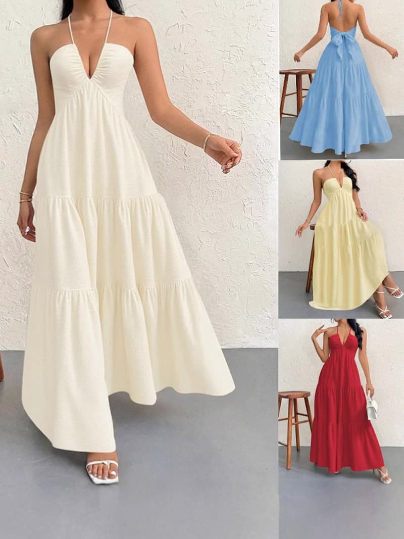 NURO V-Neck Maxi Dress Spaghetti Strap Lace Trim A-Line Dress