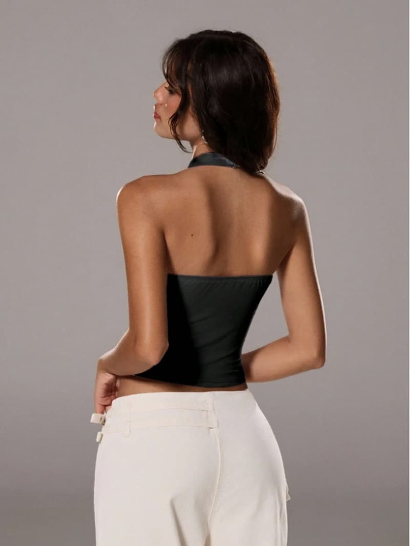 NURO V-Neck Sleeveless Cropped Top Textured Knit Blouse