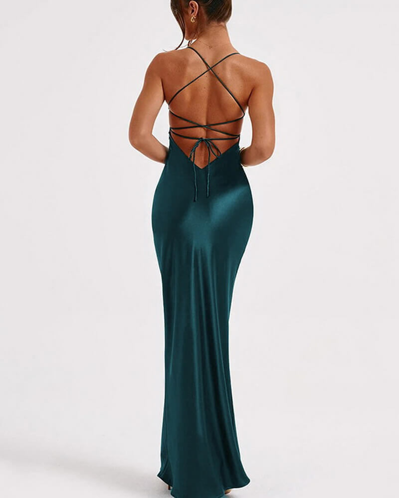 NURO V Neck Backless Satin Maxi Dress Women's Elegant Spaghetti Strap Evening Gown