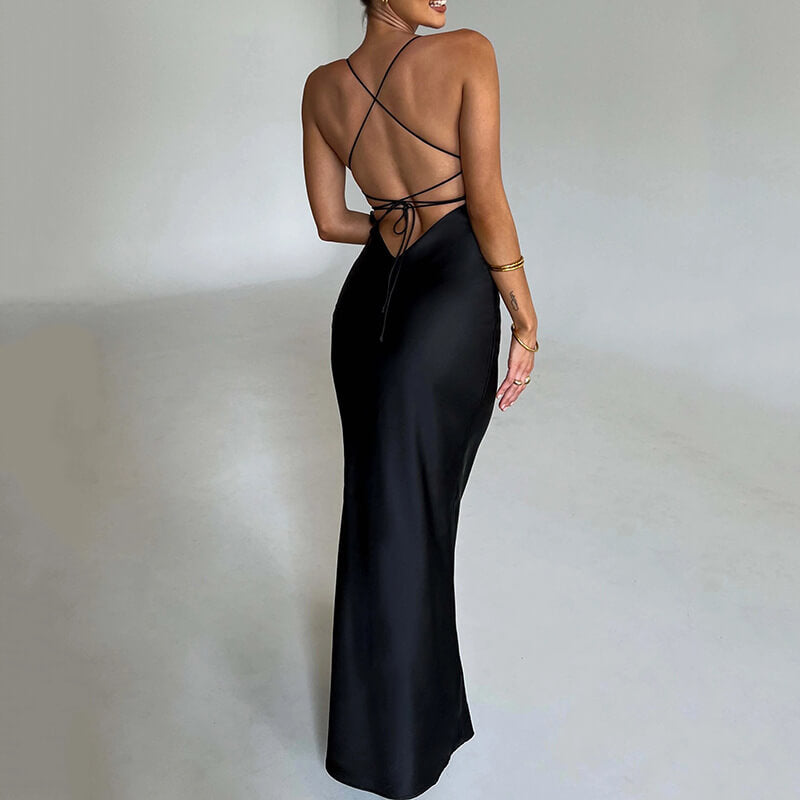 NURO V Neck Backless Satin Maxi Dress Women's Elegant Spaghetti Strap Evening Gown