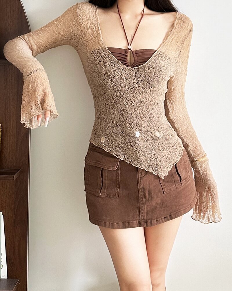 NURO V Neck Bell Sleeve Top Set