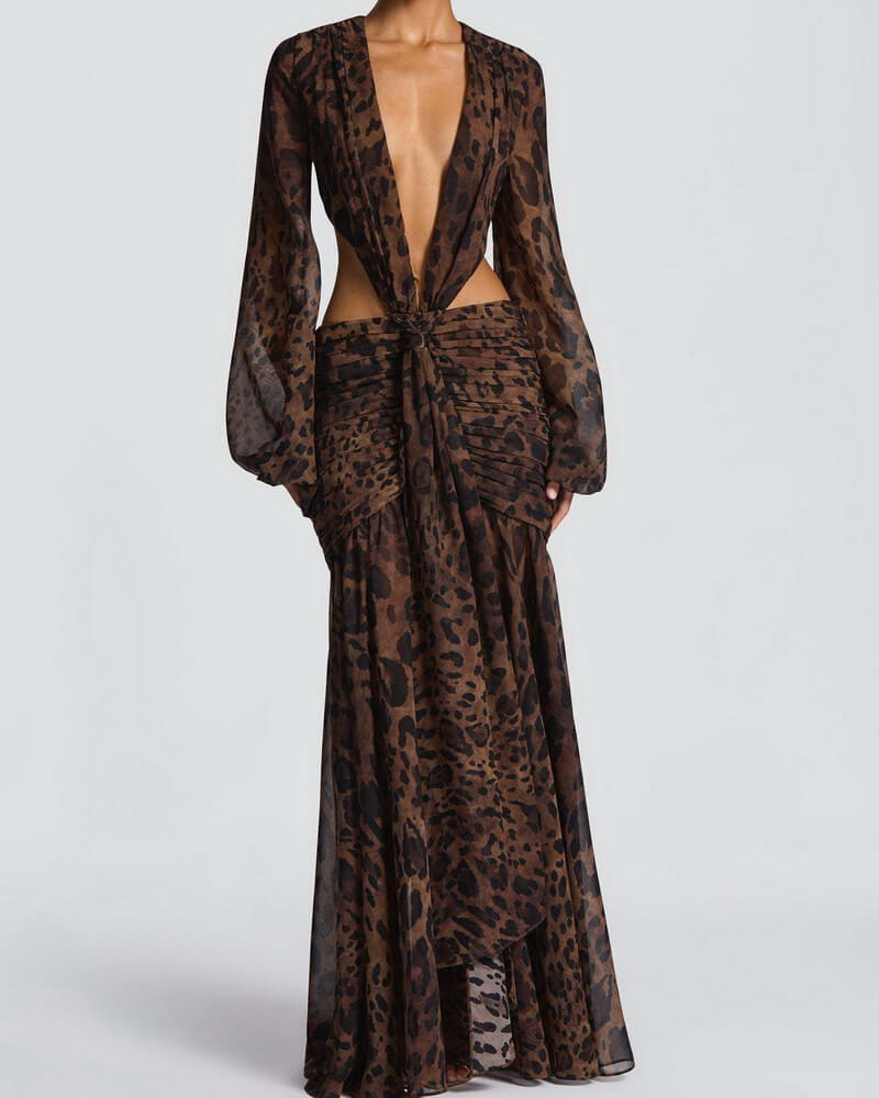 NURO V Neck Lantern Sleeve Chiffon Maxi Dress Women's Elegant Backless Evening Gown