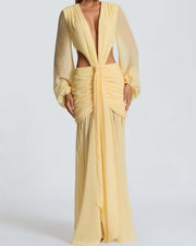 NURO V Neck Lantern Sleeve Chiffon Maxi Dress Women's Elegant Backless Evening Gown