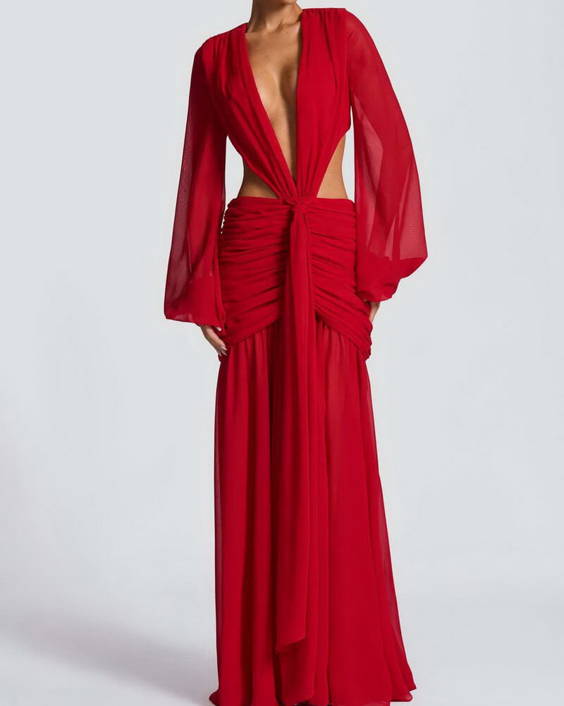 NURO V Neck Lantern Sleeve Chiffon Maxi Dress Women's Elegant Backless Evening Gown