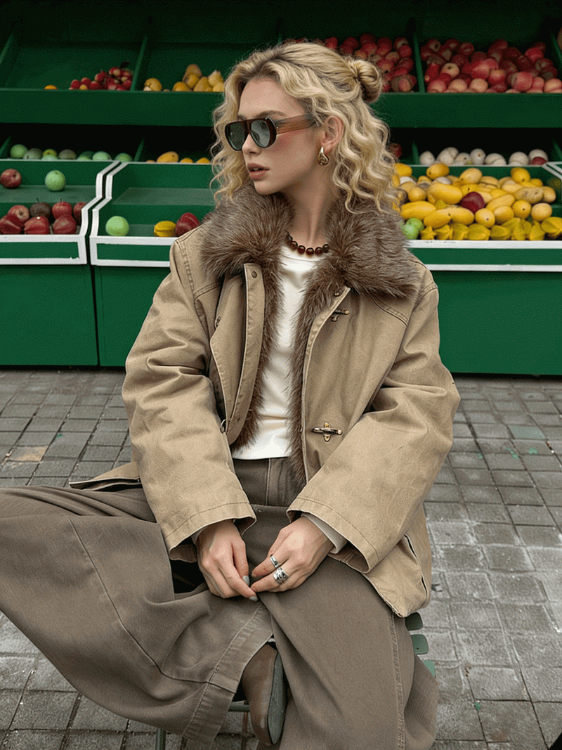 NURO Vintage Aviator Jacket with Detachable Faux Fur Collar, Utility Workwear Coat in Coffee Brown, Oversized Streetwear Winter Jacket