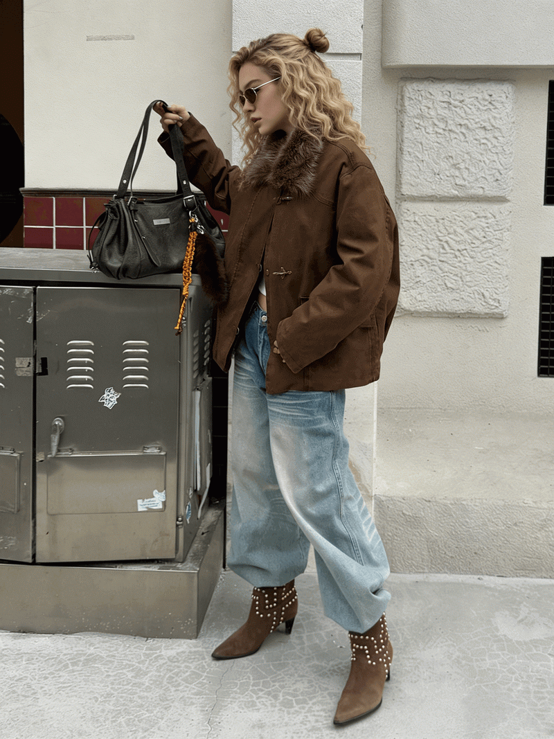 NURO Vintage Aviator Jacket with Detachable Faux Fur Collar, Utility Workwear Coat in Coffee Brown, Oversized Streetwear Winter Jacket