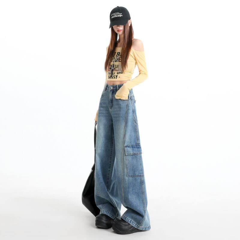 NURO Vintage High-Waist Straight Cargo Jeans