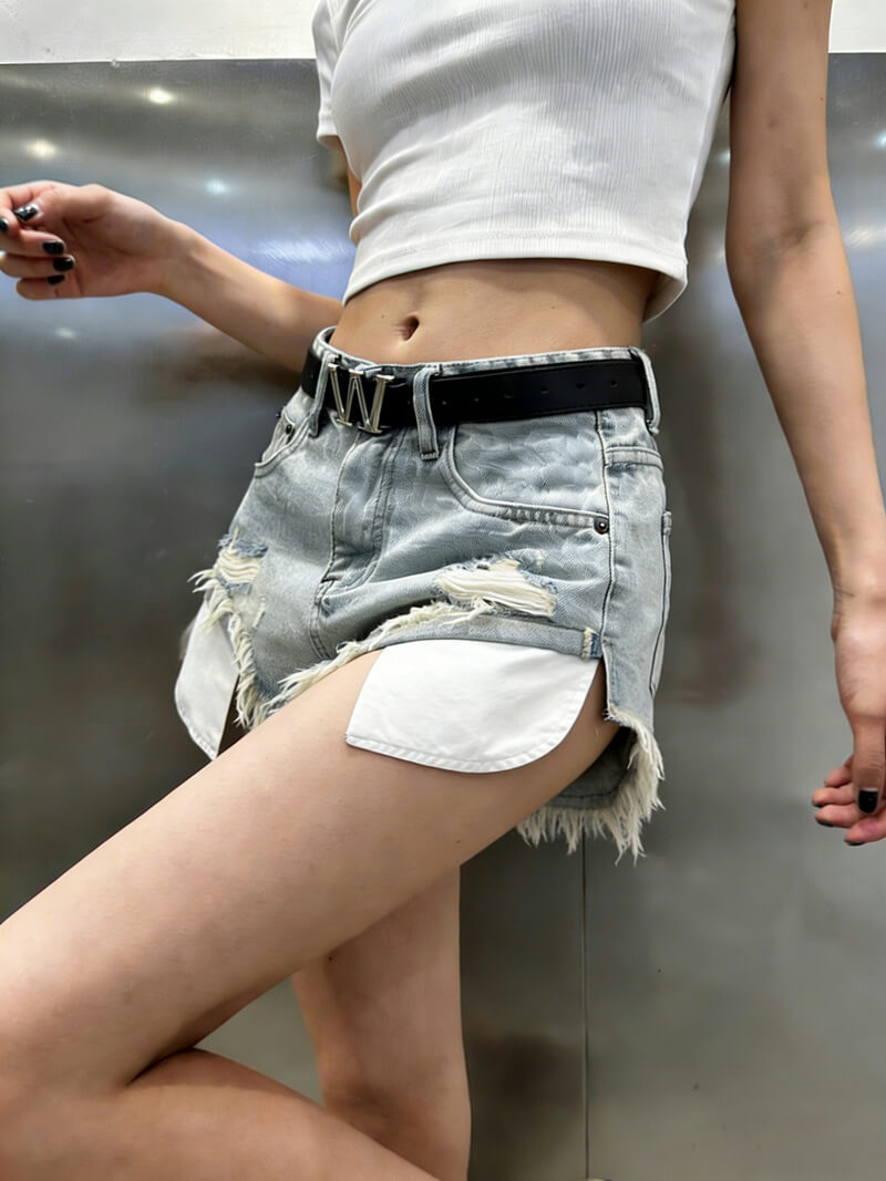 NURO Vintage Raw-Hem A-Line Denim Shorts