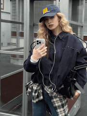 NURO Vintage Suede Look Jacket, Studded Belted Aviator Coat, Slim Fit Cropped Streetwear Bomber Jacket