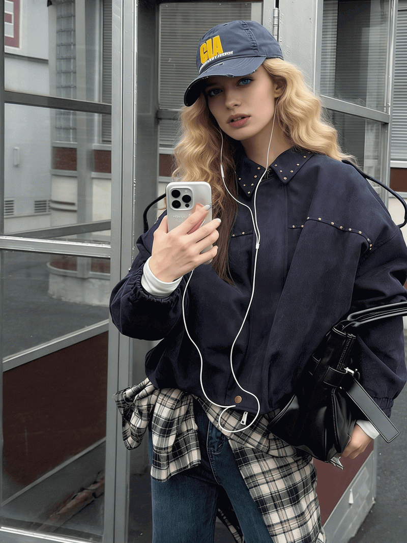 NURO Vintage Suede Look Jacket, Studded Belted Aviator Coat, Slim Fit Cropped Streetwear Bomber Jacket