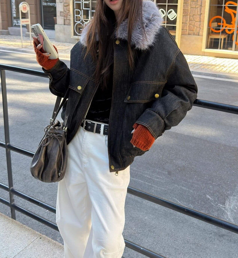 NURO Vintage Washed Denim Style Jacket, Distressed Oversized Utility Coat with Multiple Pockets, Heavyweight Streetwear Outerwear