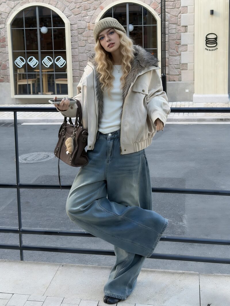 NURO Vintage Washed Sherpa Jacket, Distressed American Style Coat with Elastic Hem, Oversized Streetwear Faux Fur Collar Jacket