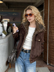 NURO Vintage Washed Sherpa Jacket, Distressed American Style Coat with Elastic Hem, Oversized Streetwear Faux Fur Collar Jacket