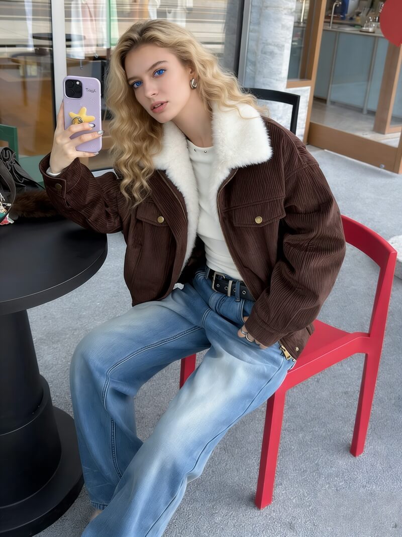 NURO Vintage Washed Sherpa Jacket, Distressed American Style Coat with Elastic Hem, Oversized Streetwear Faux Fur Collar Jacket