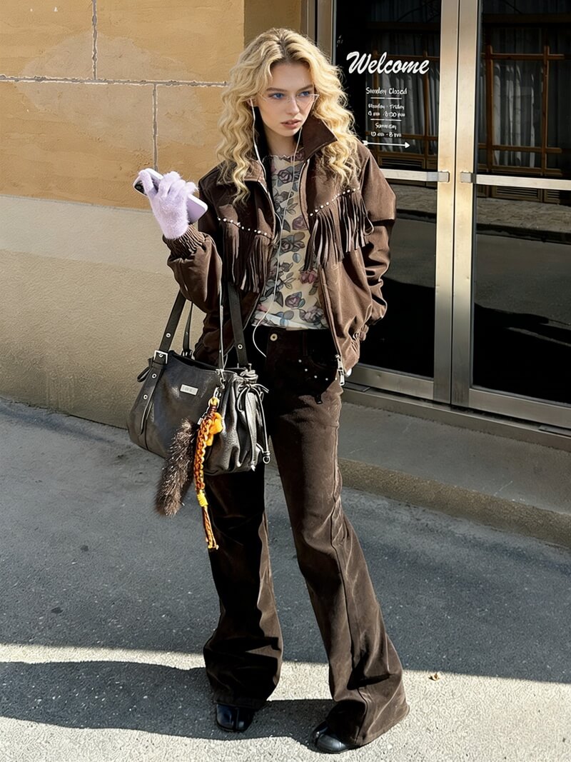 NURO Vintage Washed Suede-Look PU Pants, Distressed Flared Trousers with Stud Details, Slim Fit Streetwear Wide Leg Bottoms