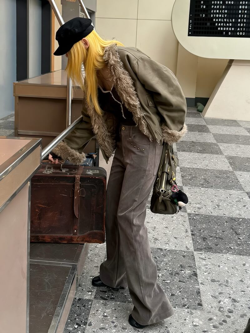 NURO Vintage Washed Suede-Look PU Pants, Distressed Flared Trousers with Stud Details, Slim Fit Streetwear Wide Leg Bottoms