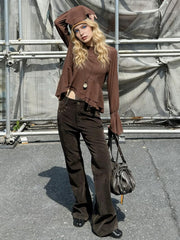 NURO Vintage Washed Suede-Look PU Pants, Distressed Flared Trousers with Stud Details, Slim Fit Streetwear Wide Leg Bottoms