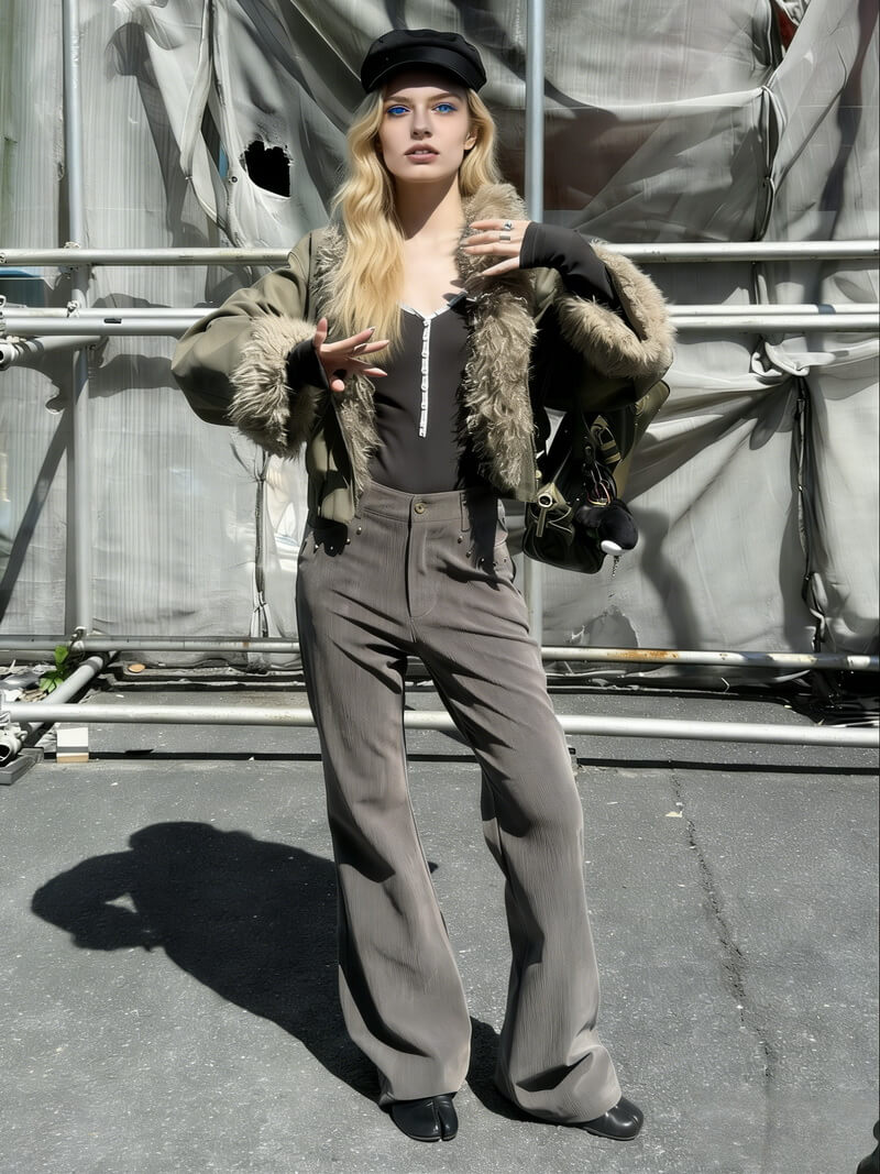 NURO Vintage Washed Suede-Look PU Pants, Distressed Flared Trousers with Stud Details, Slim Fit Streetwear Wide Leg Bottoms