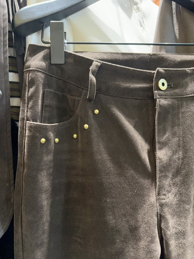 NURO Vintage Washed Suede-Look PU Pants, Distressed Flared Trousers with Stud Details, Slim Fit Streetwear Wide Leg Bottoms