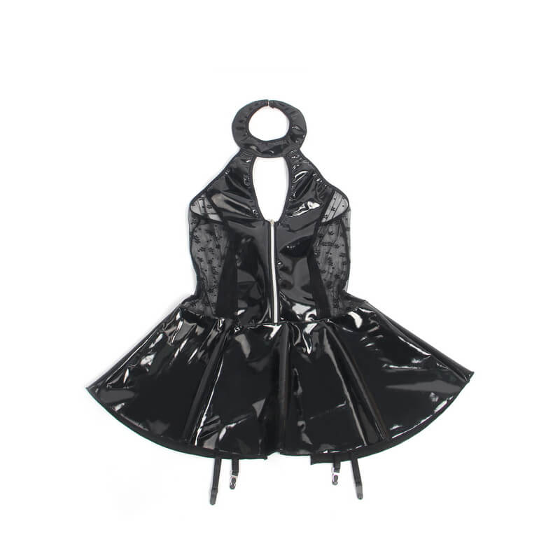 NURO Wet-Look Leather Babydoll with Garter & Lace Accents