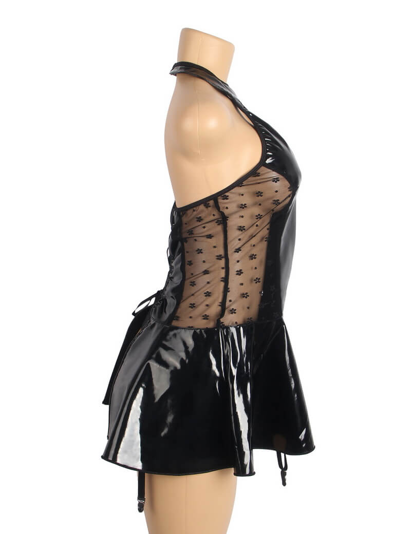 NURO Wet-Look Leather Babydoll with Garter & Lace Accents