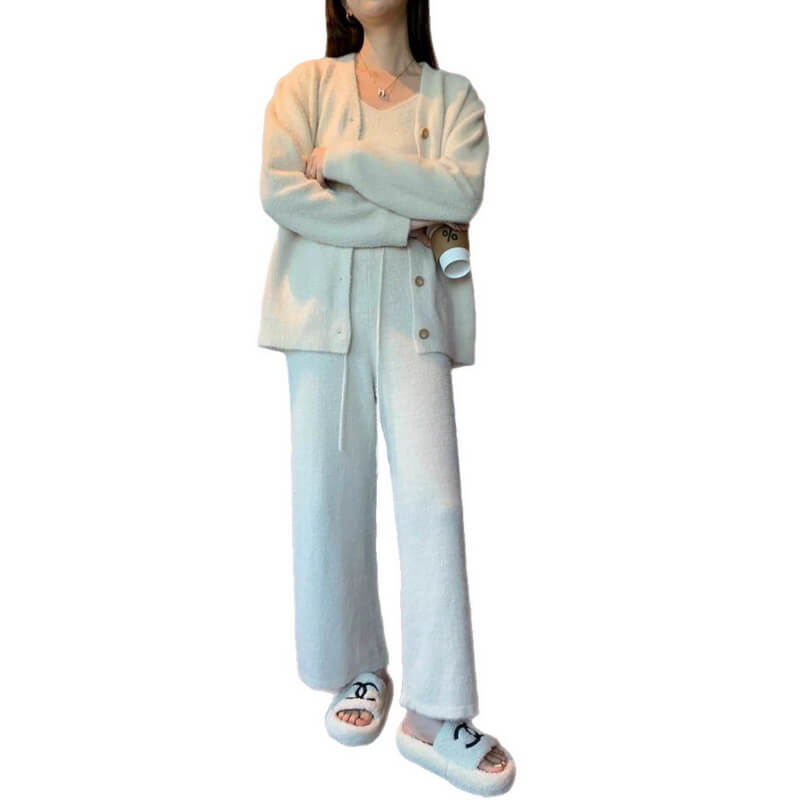 NURO Women's 3-Piece Knit Lounge Set, Long Sleeve Ribbed Outfit with Mock Neck Top, Faux Fur Soft Tracksuit