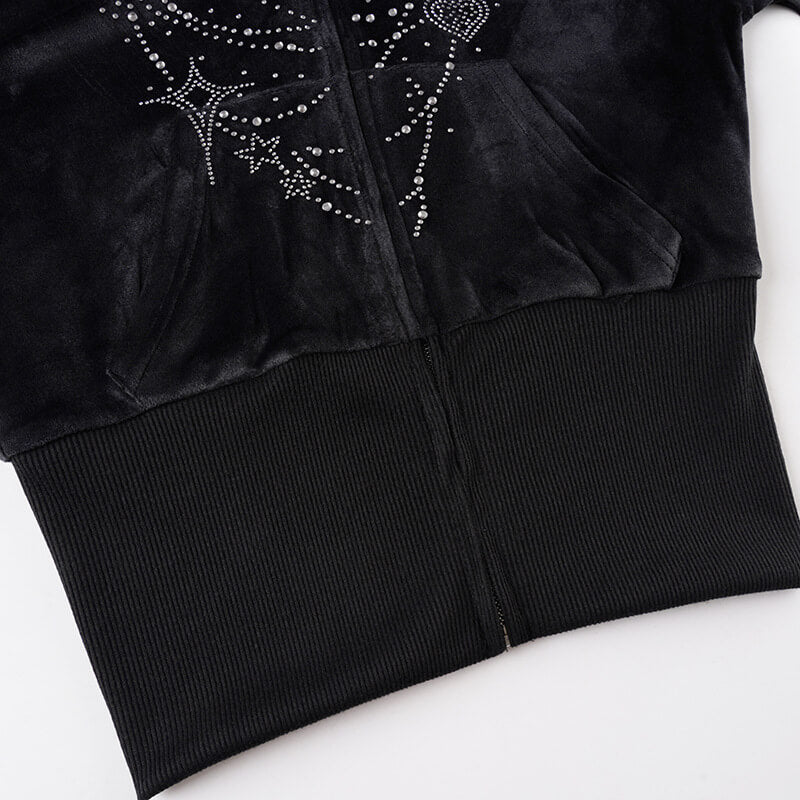 NURO Women's Abstract Print Velvet Hooded Zip Up Jacket | Faux Fur Trim Coat | Long Sleeve Crop Top