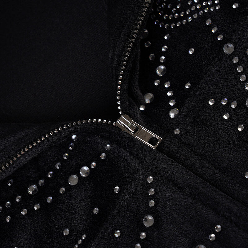 NURO Women's Abstract Print Velvet Hooded Zip Up Jacket | Faux Fur Trim Coat | Long Sleeve Crop Top