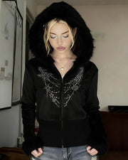 NURO Women's Abstract Print Velvet Hooded Zip Up Jacket | Faux Fur Trim Coat | Long Sleeve Crop Top