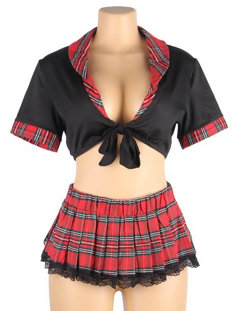 NURO Women's Adjustable Corset Top & Plaid Pleated Skirt Set, Role Play Costume